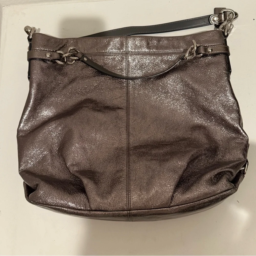 COACH Brooke Large Leather Metallic Gunmetal Silver Hobo Slouchy Bag F16618